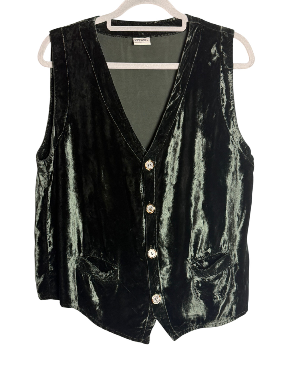 CP Shades San Francisco Vintage Green Velvet Vest Button Front Pockets 90s Sz M